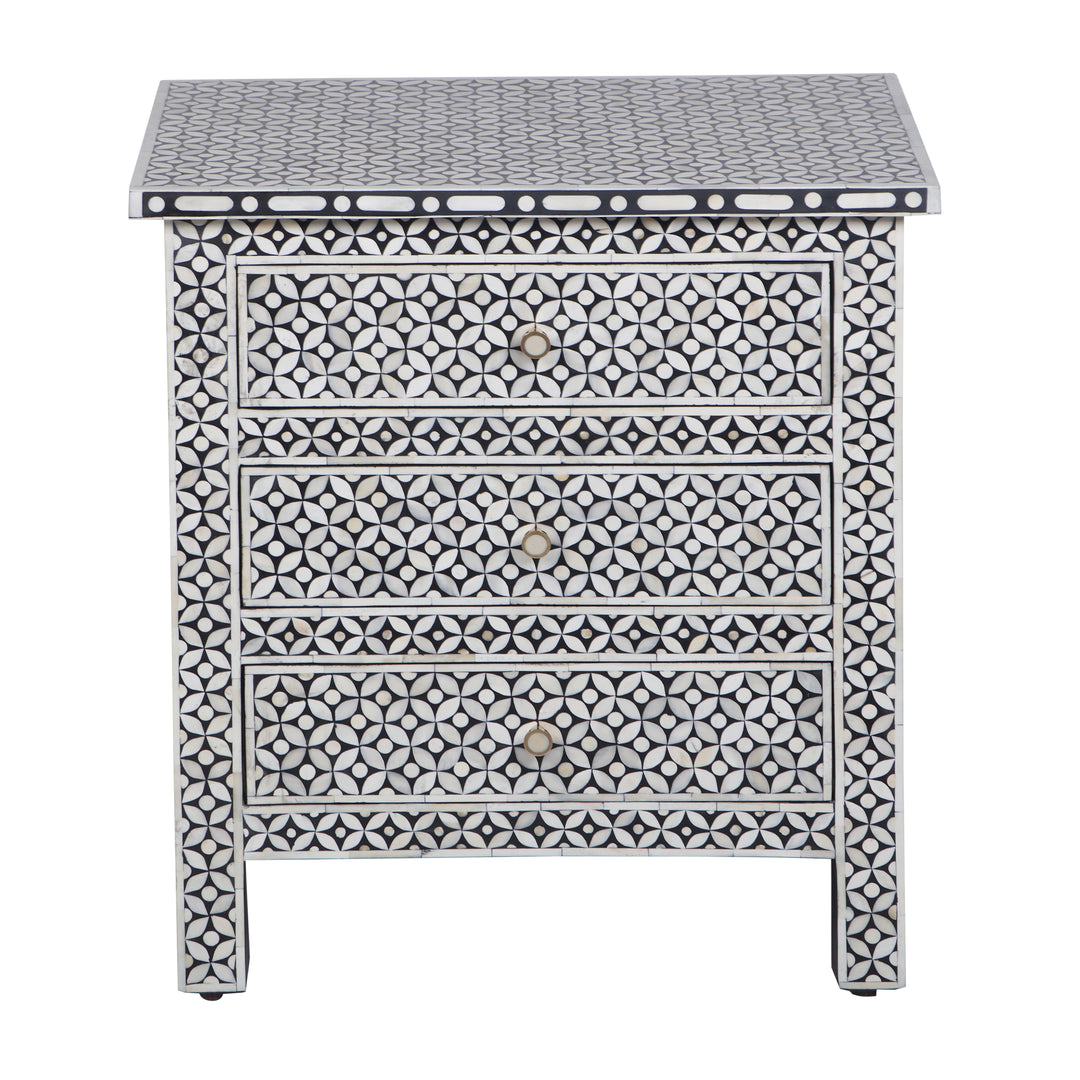 Bone Inlay Large 3 Drawer Nightstand - Black Geometric