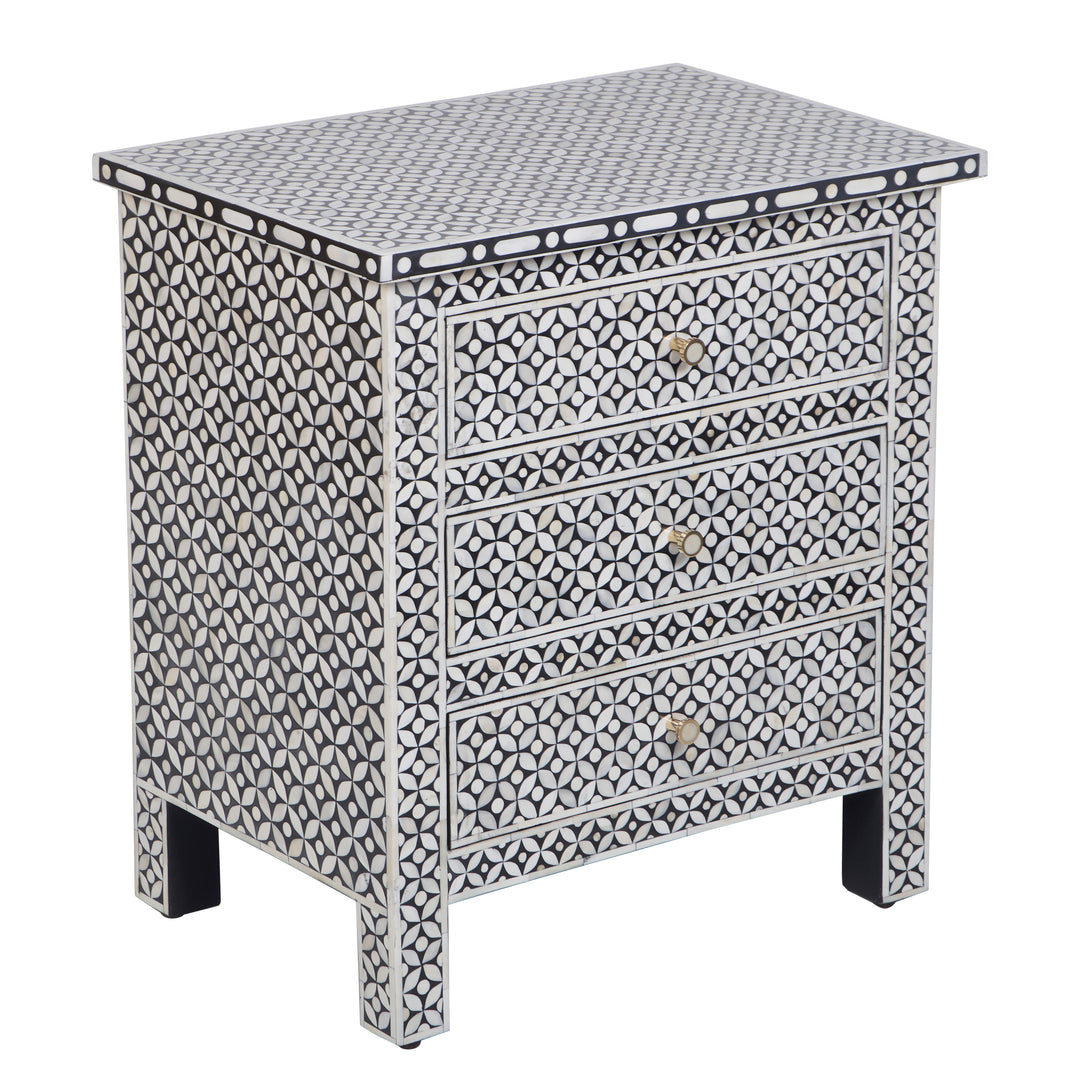 Bone Inlay Large 3 Drawer Nightstand - Black Geometric