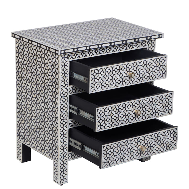 Bone Inlay Large 3 Drawer Nightstand - Black Geometric