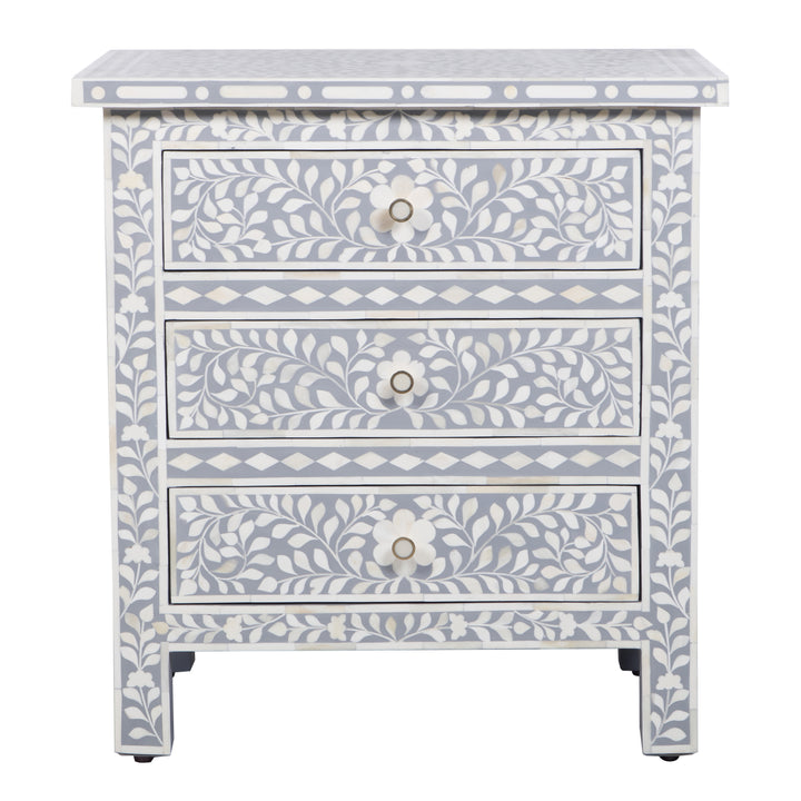 Bone Inlay Large 3 Drawer Nightstand - Grey Floral