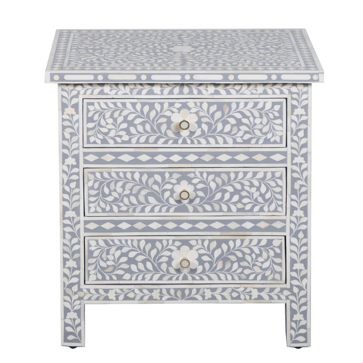 Bone Inlay Large 3 Drawer Nightstand - Grey Floral