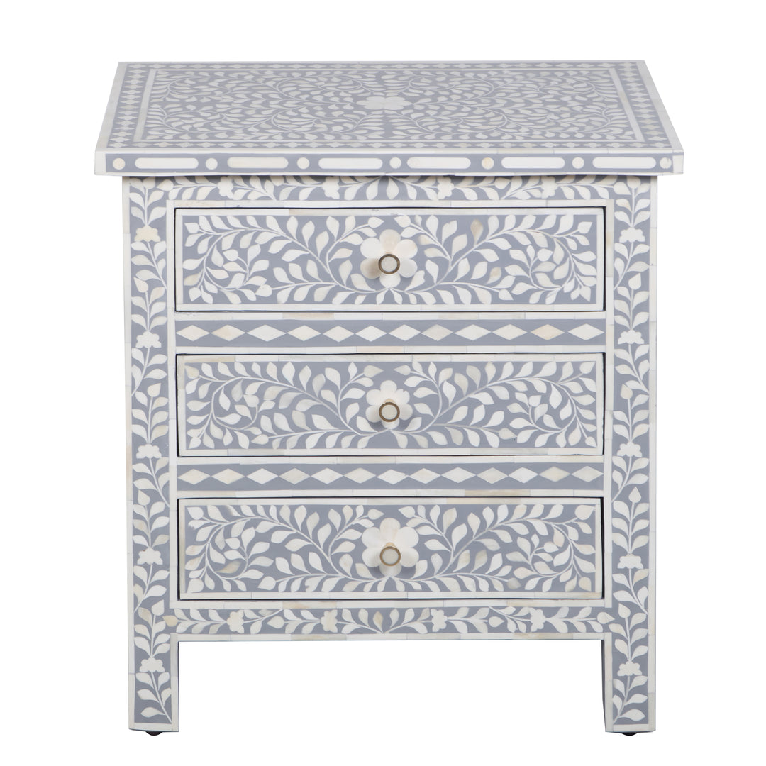 Bone Inlay Large 3 Drawer Nightstand - Grey Floral