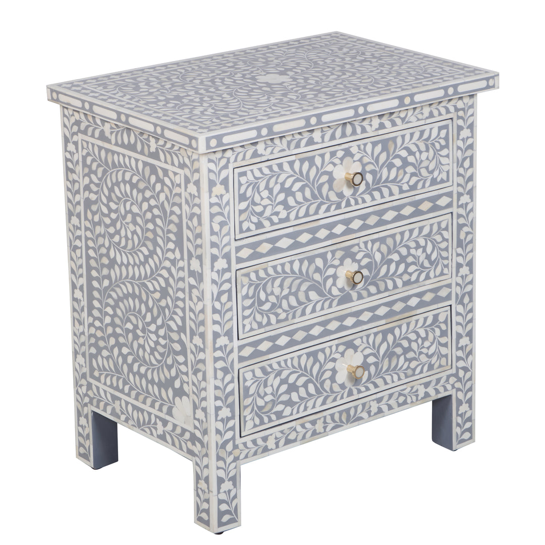 Bone Inlay Large 3 Drawer Nightstand - Grey Floral