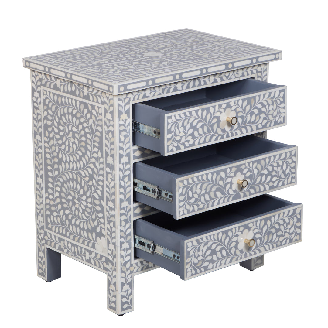 Bone Inlay Large 3 Drawer Nightstand - Grey Floral