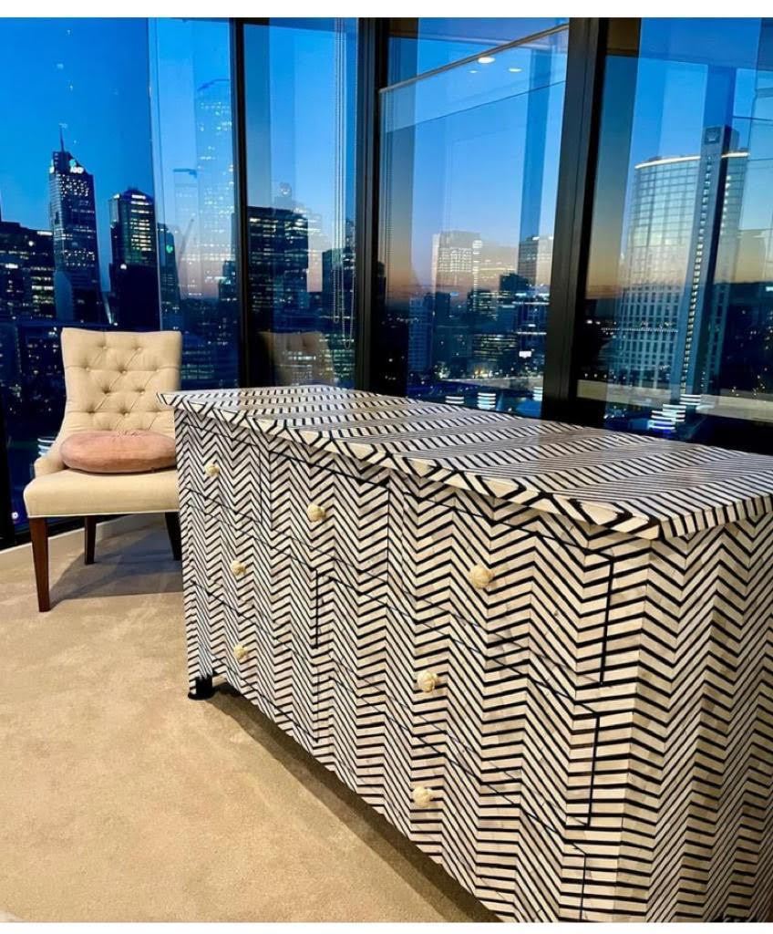 Bone Inlay 7 Drawer Chest of Drawers - Black thin Zig Zag - Abacus and Hunt LLC